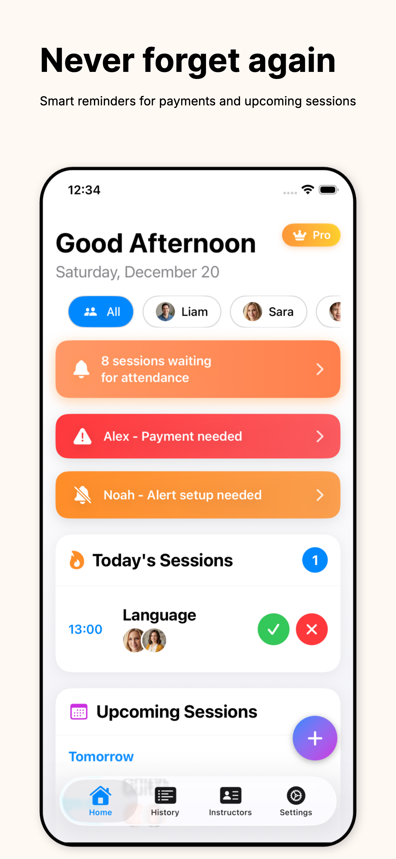Smart reminders showing attendance and payment alerts